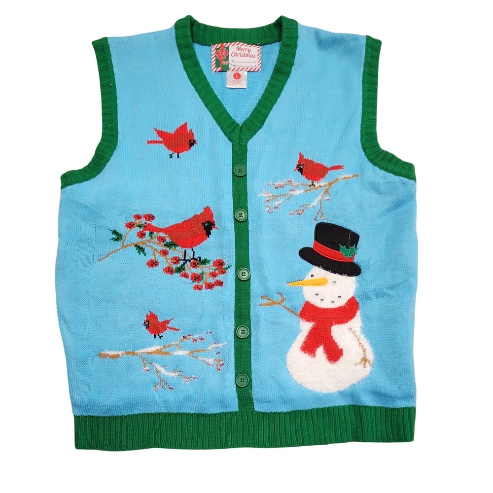 Merry Christmas Snowman Cardinal Ugly Sweater Vest Blue Green Womens Large L